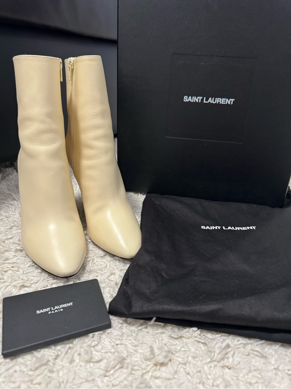 Saint Laurent Ivory Leather Ankle Boots Heels EU 37.5 w/ Box Dust Bag